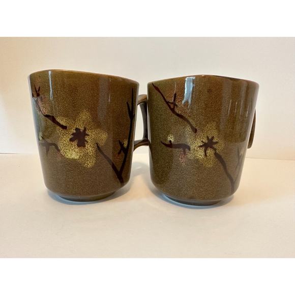 SIMPLE DINING-Square Stoneware, coffee Cup/Mugs. Floral Brown/Green 4" set of 2. - Picture 4 of 10